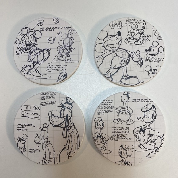 Disney Sketchbook Absorbent Ceramic Drink Coasters 4" Mickey Minnie Goofy Donald - Picture 1 of 7